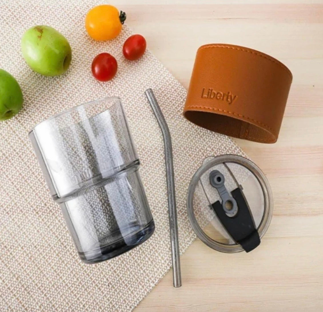 Bamboo Joint Glass Cup with Lid & Straw | 13oz Can-Shaped Tumbler with Leather Sleeve