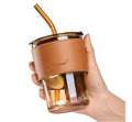 Bamboo Joint Glass Cup with Lid & Straw | 13oz Can-Shaped Tumbler with Leather Sleeve