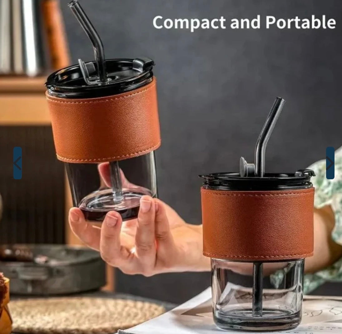 Bamboo Joint Glass Cup with Lid & Straw | 13oz Can-Shaped Tumbler with Leather Sleeve