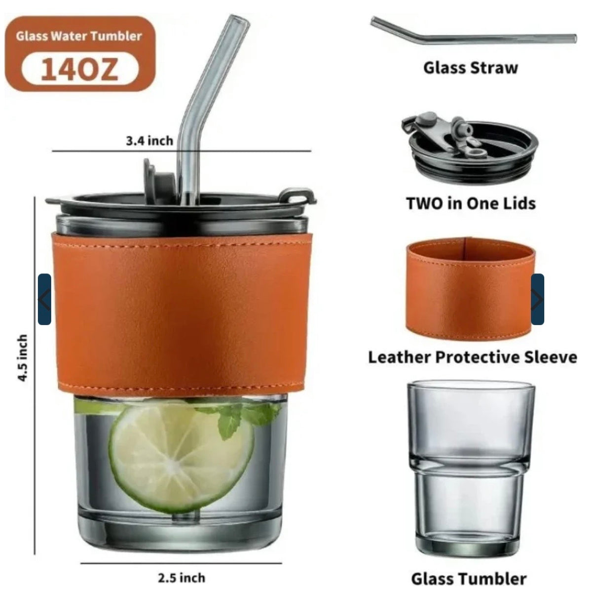 Bamboo Joint Glass Cup with Lid & Straw | 13oz Can-Shaped Tumbler with Leather Sleeve