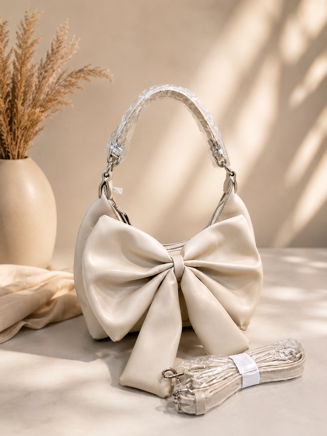 Cream bow shoulder bag