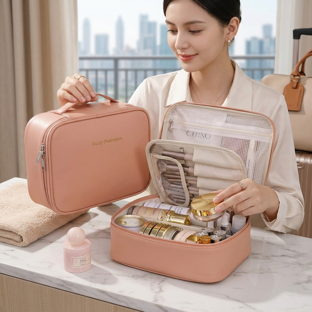 Split cosmetic brush and beauty kit storage box
