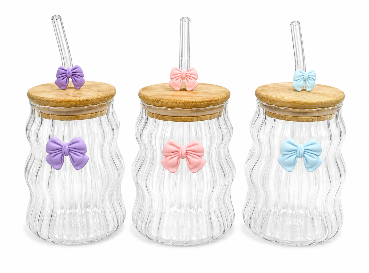 Bow Glass Cup with Bamboo Lid & Glass Straw
