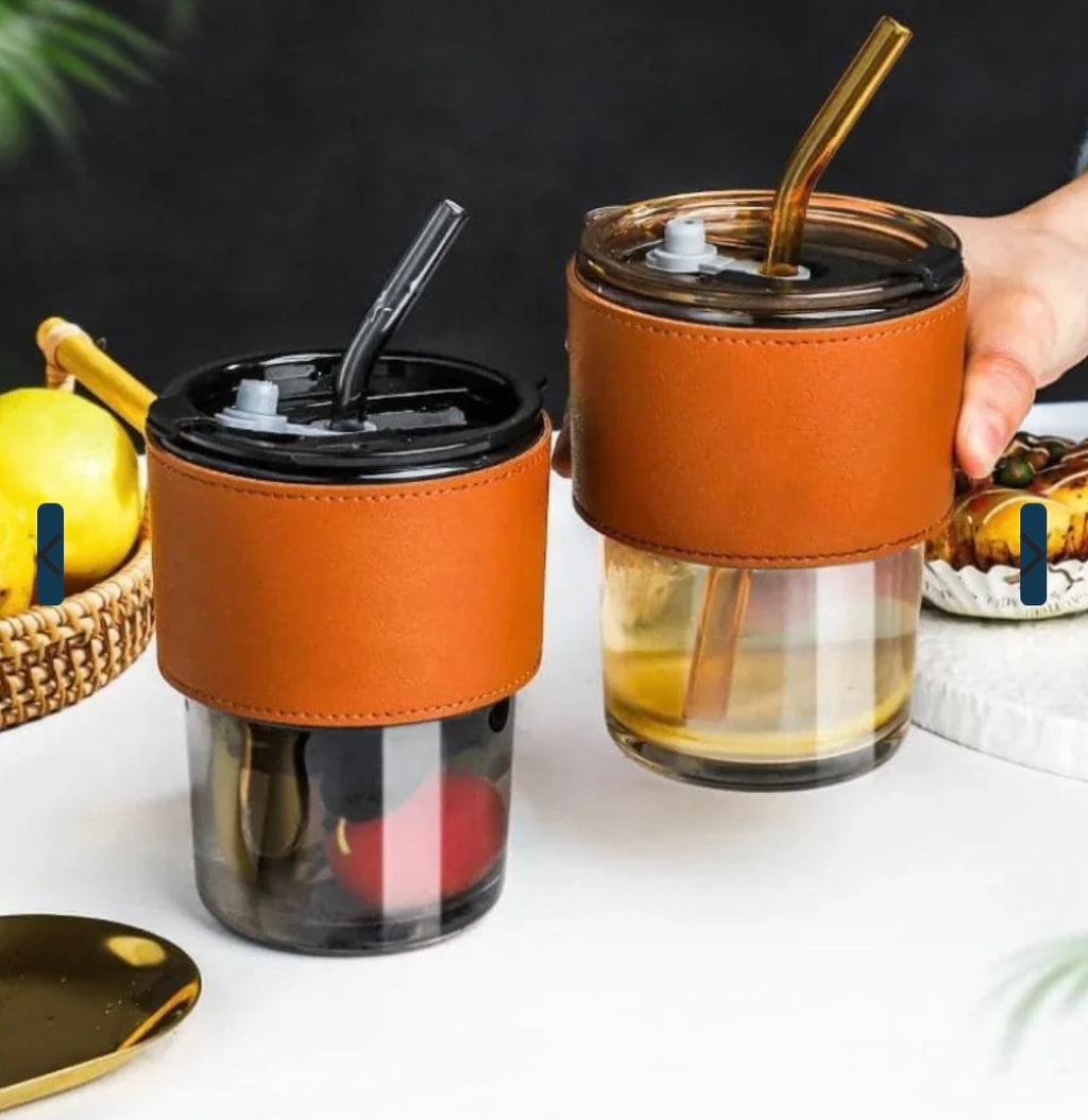 Bamboo Joint Glass Cup with Lid & Straw | 13oz Can-Shaped Tumbler with Leather Sleeve