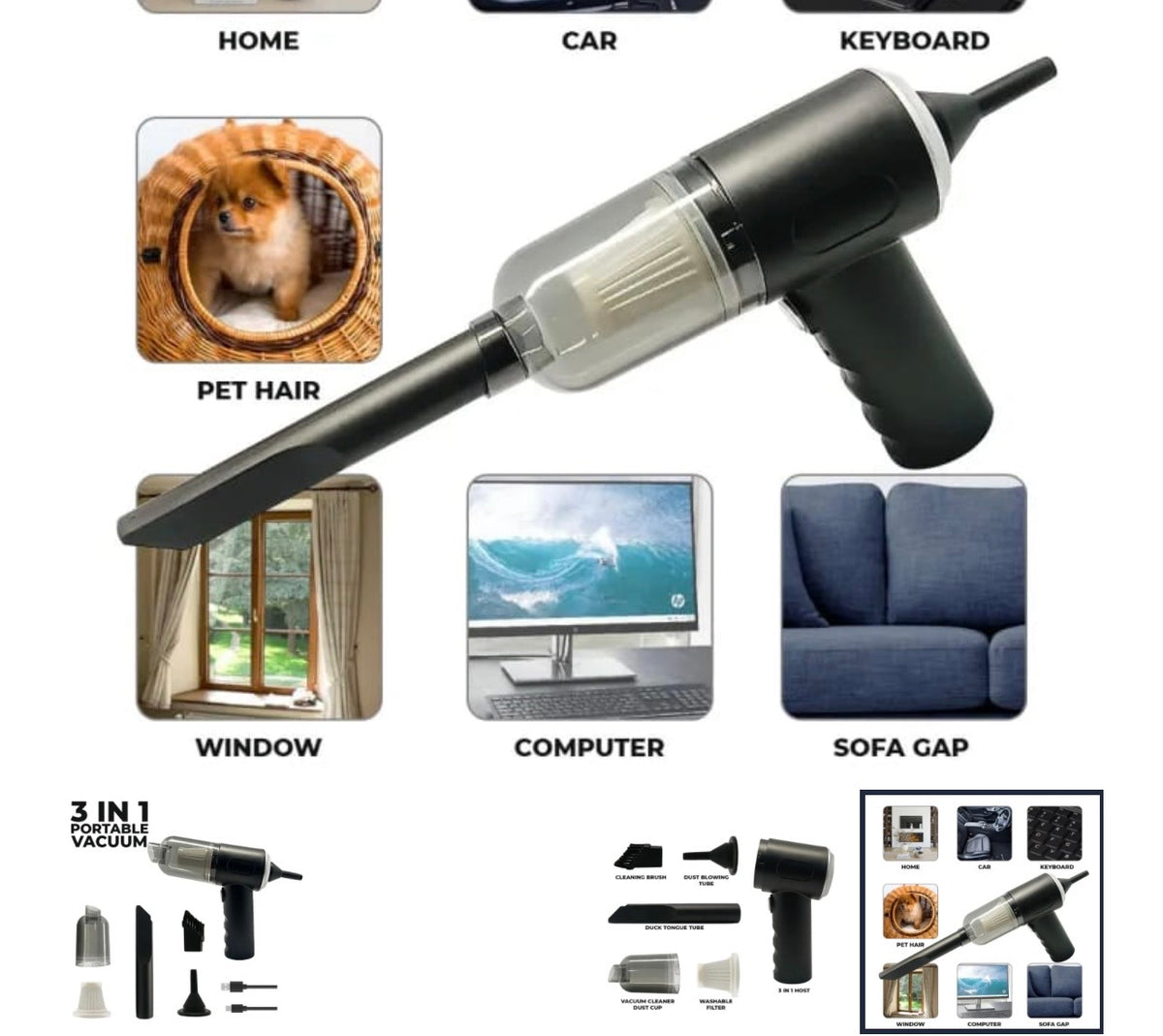 3-in-1 Portable Vacuum Cleaner, Duster & Air Blower | Wireless Handheld Cleaning for Car & Home