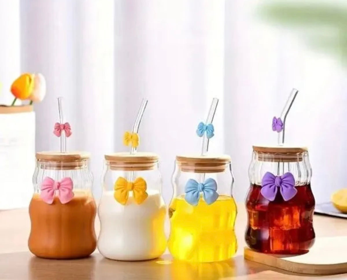 Bow Glass Cup with Bamboo Lid & Glass Straw