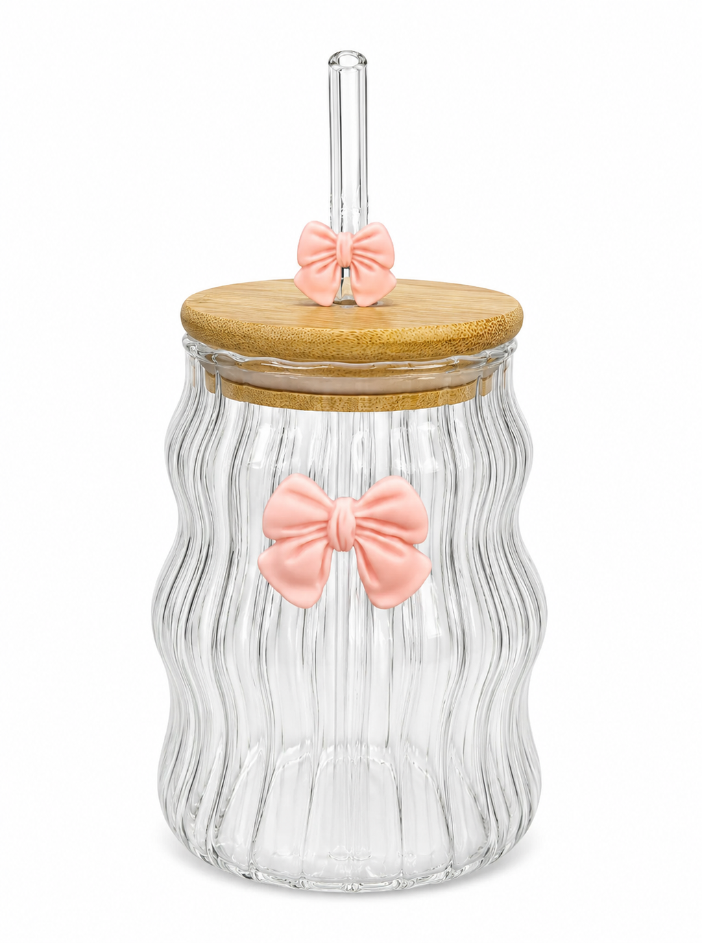 Bow Glass Cup with Bamboo Lid & Glass Straw