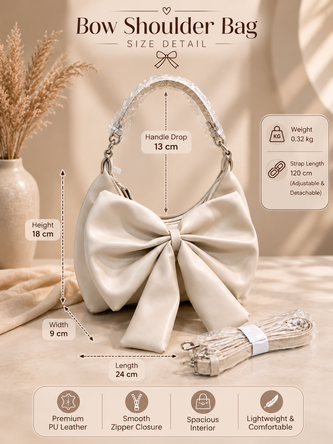 Cream bow shoulder bag