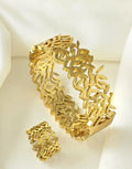 Stylish Stainless Steel Cuff Bangle & Ring Set Gold Plated Design