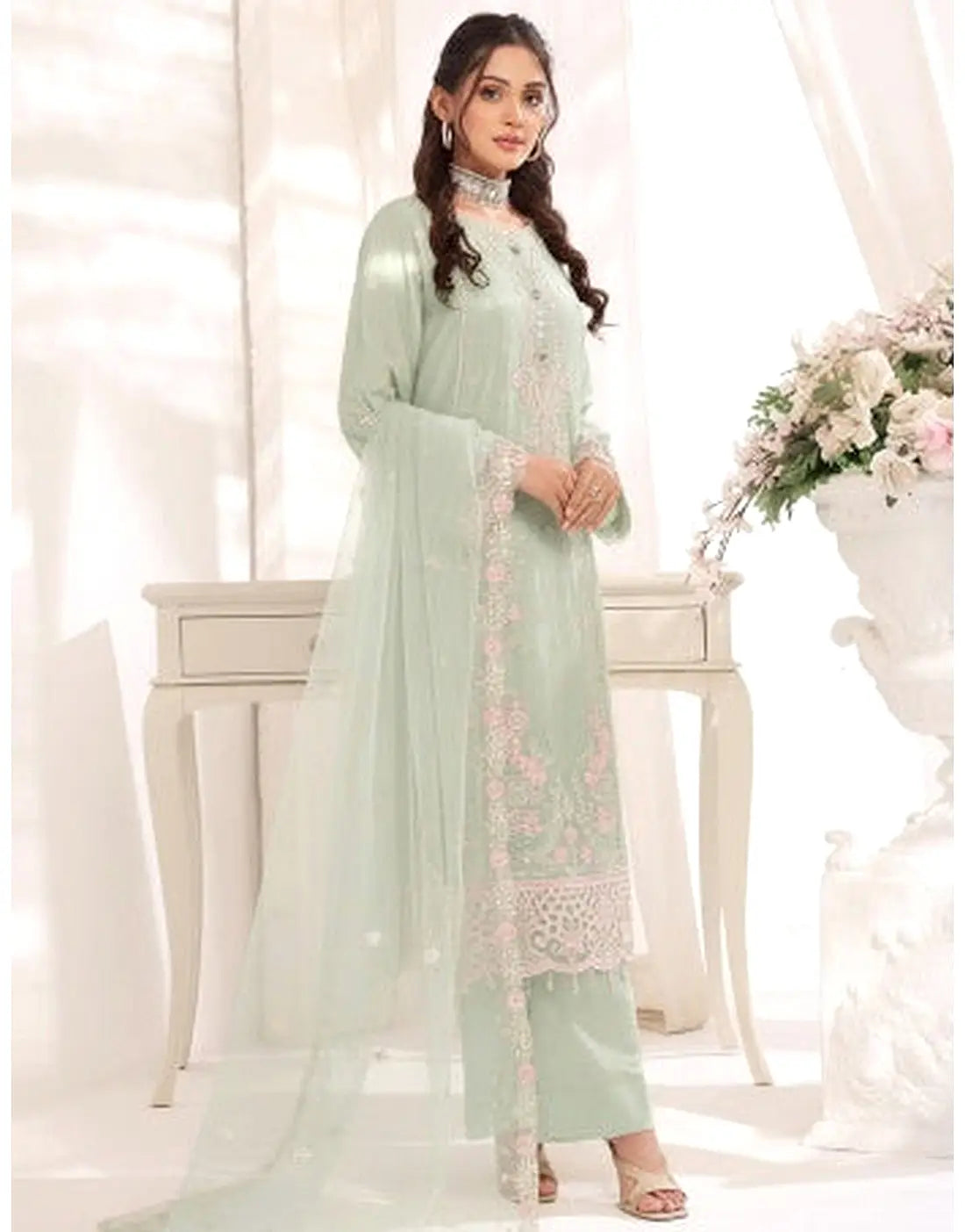Batul Semi-Stitched Embroidered Soft Green Chiffon Dress for Festive & Party Wear