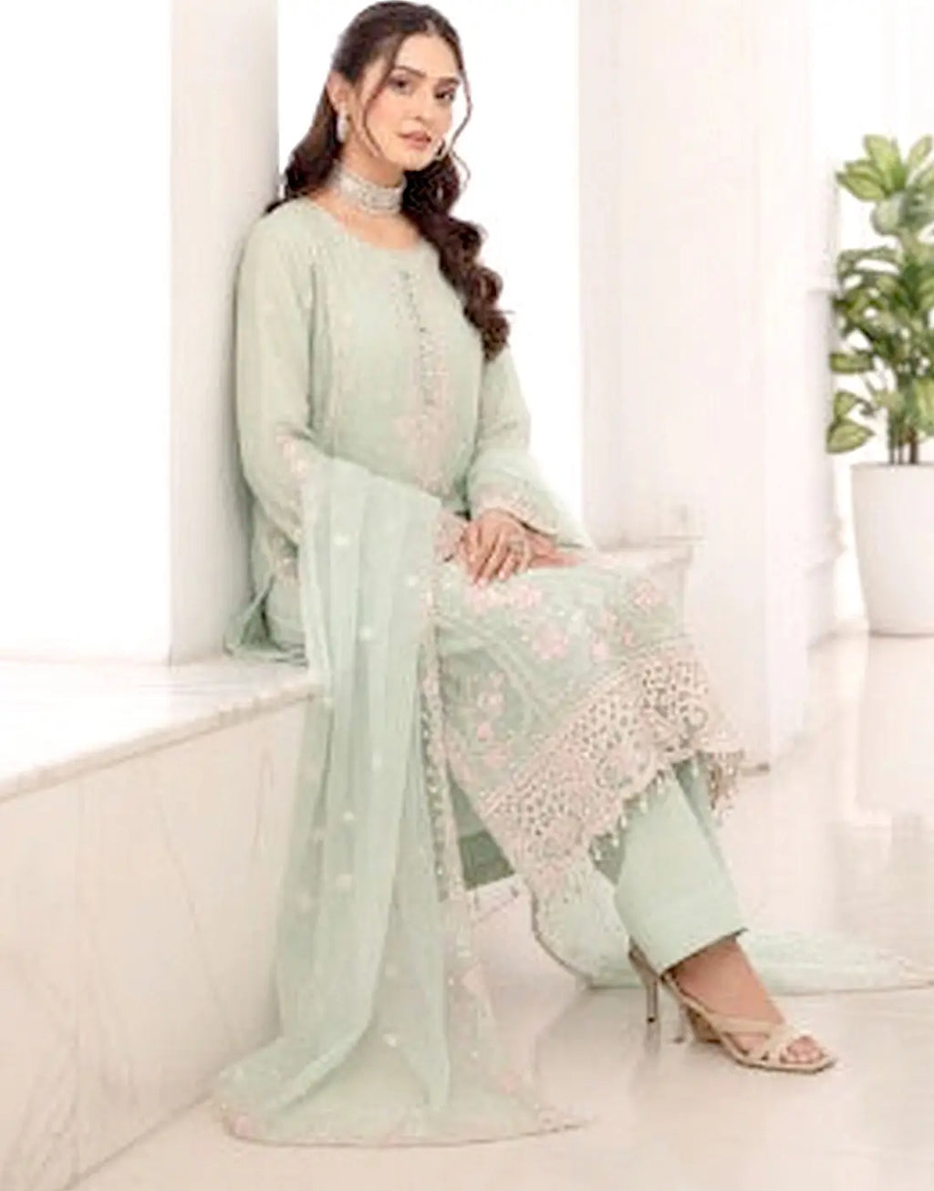 Batul Semi-Stitched Embroidered Soft Green Chiffon Dress for Festive & Party Wear