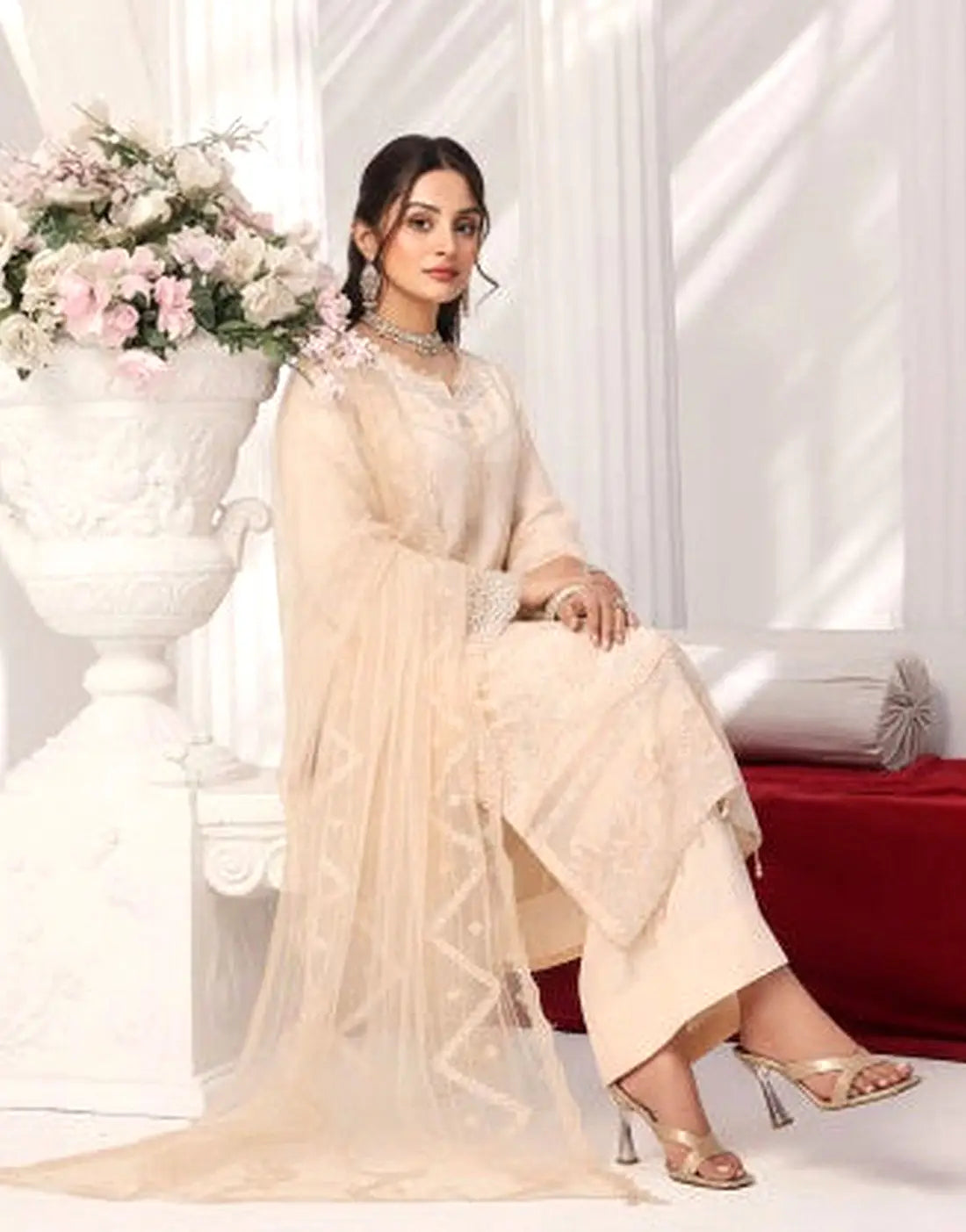 Batul Semi-Stitched Ivory Embroidered Chiffon Dress for Festive & Party Wear