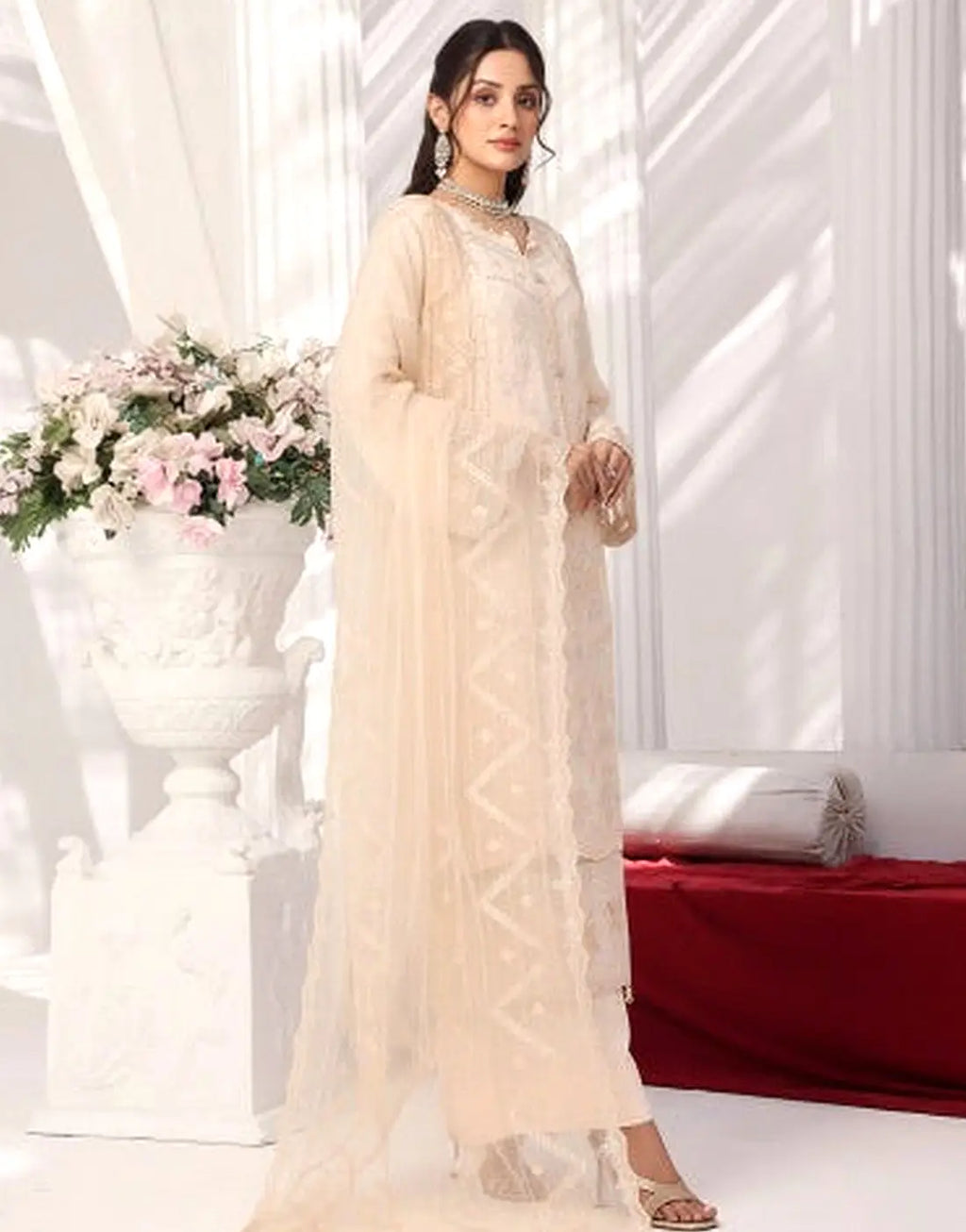 Batul Semi-Stitched Ivory Embroidered Chiffon Dress for Festive & Party Wear