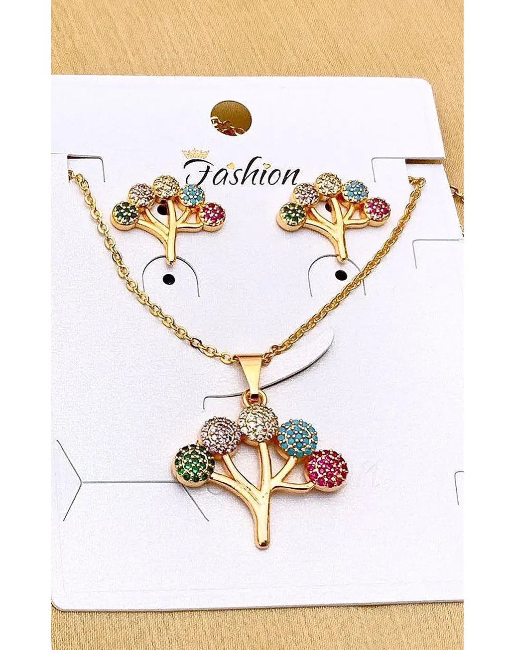 Stylish Minimalist Multicolor Tree Design Necklace & Earrings Set for Girls
