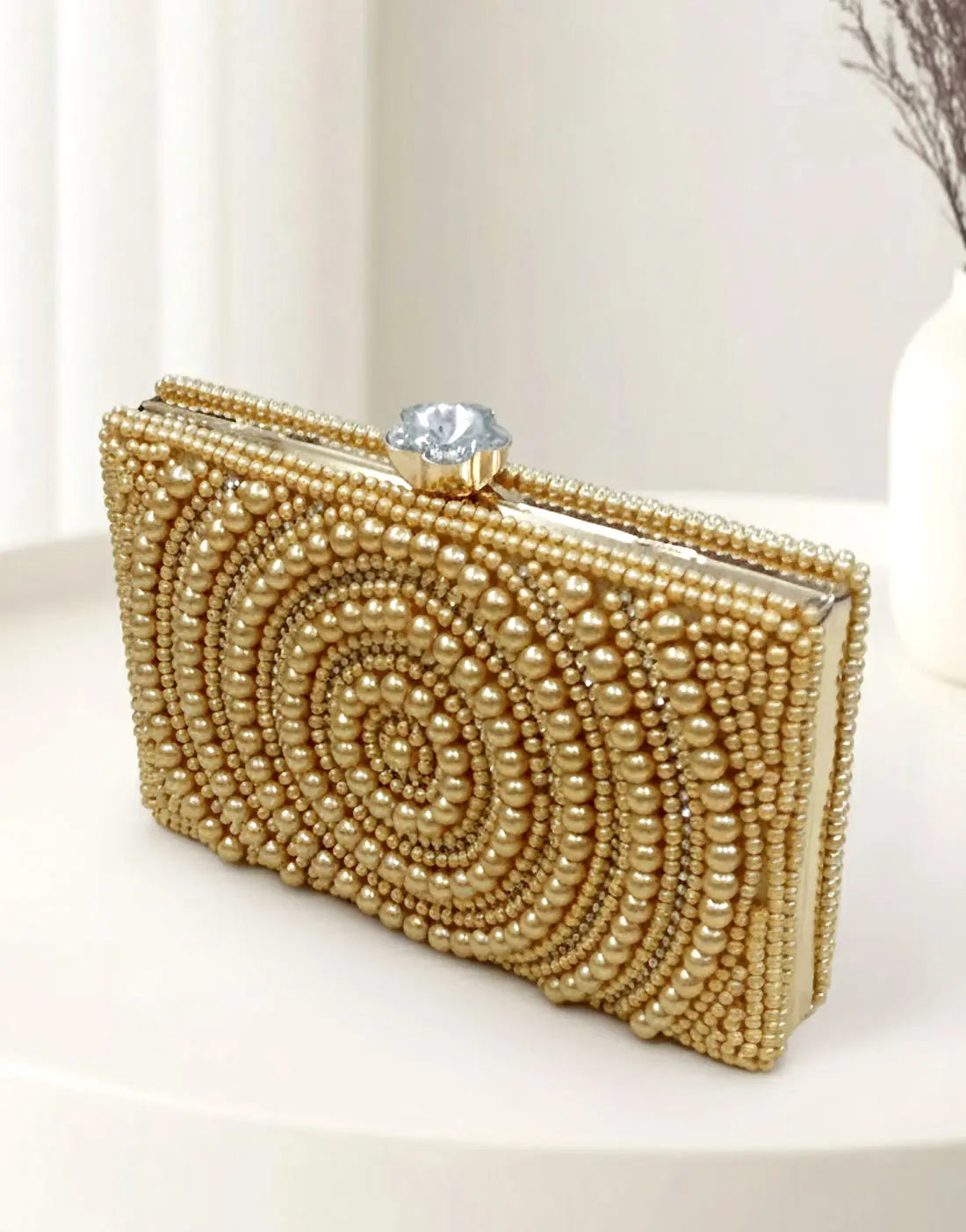 Exquisite Golden Beaded Clutch Bag – Geometric Design for Weddings & Party Wear