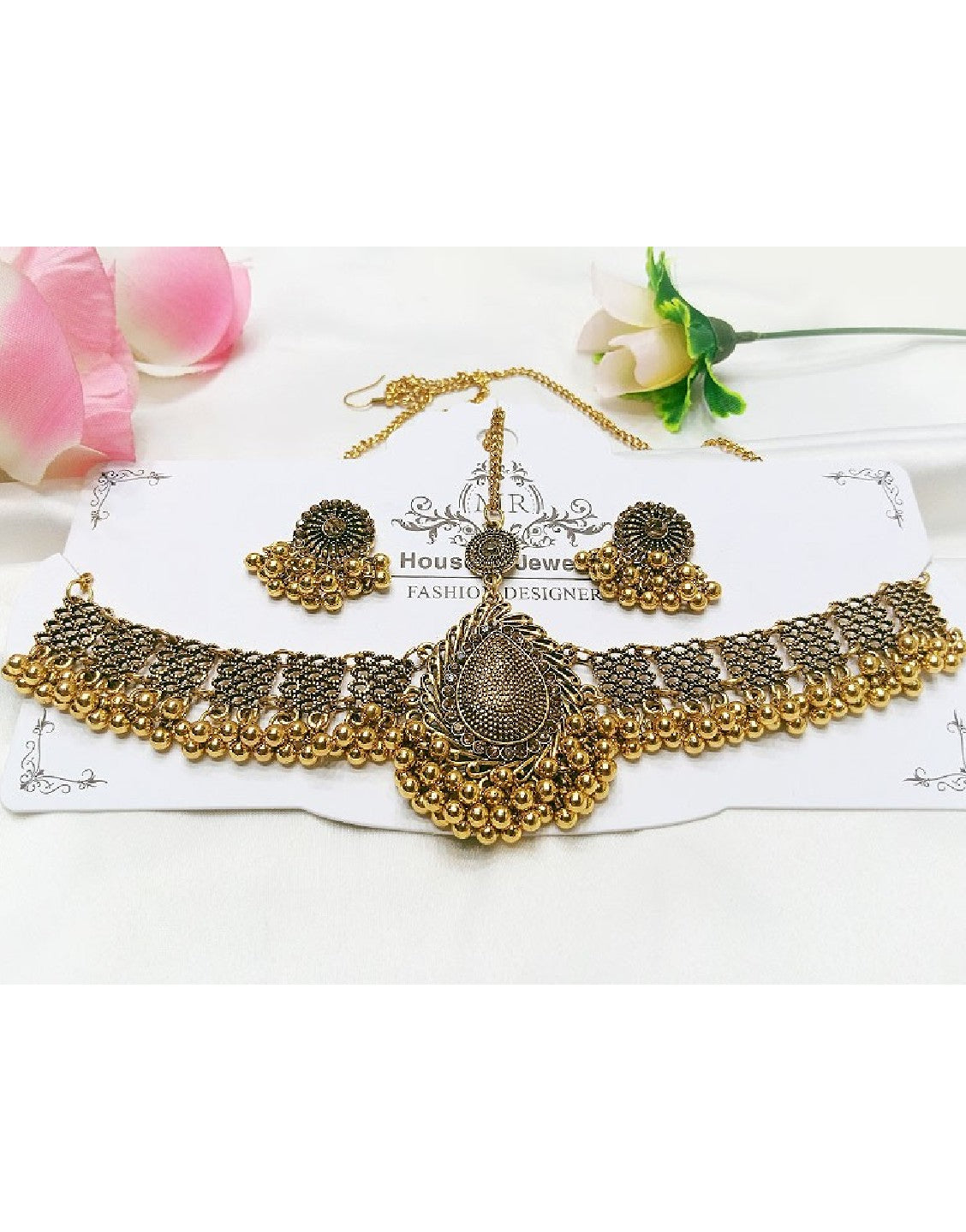 Antique Style Golden Matha Patti with Earrings