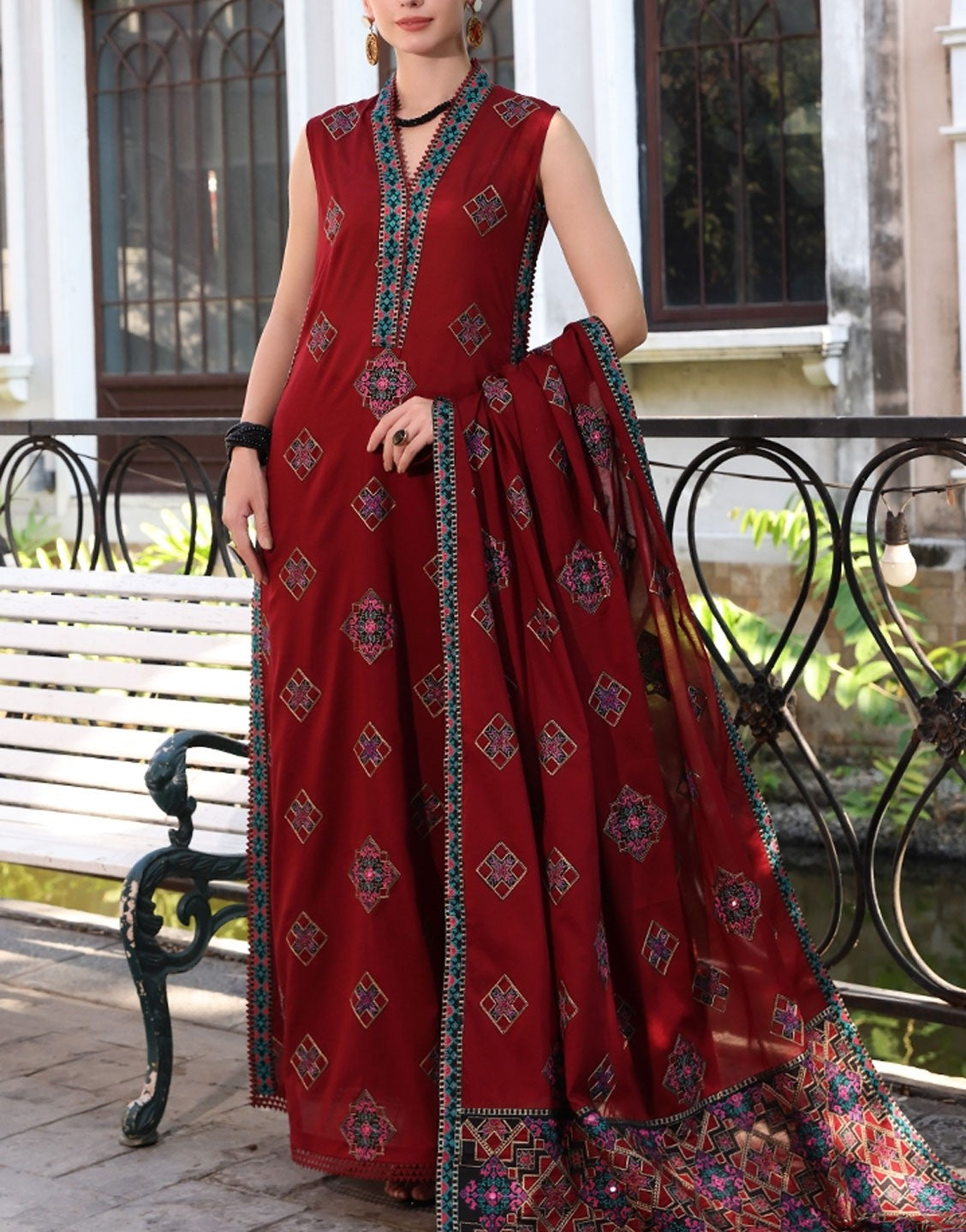 Bareeze Ajrak Design Shisha Work Air Jet Lawn | BNL2435-Maroon