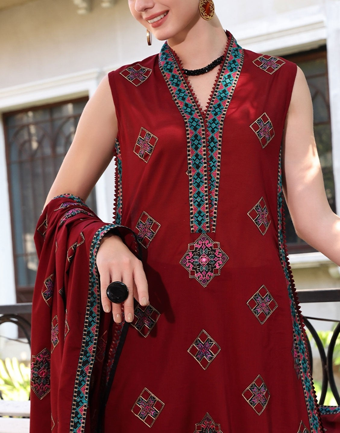 Bareeze Ajrak Design Shisha Work Air Jet Lawn | BNL2435-Maroon