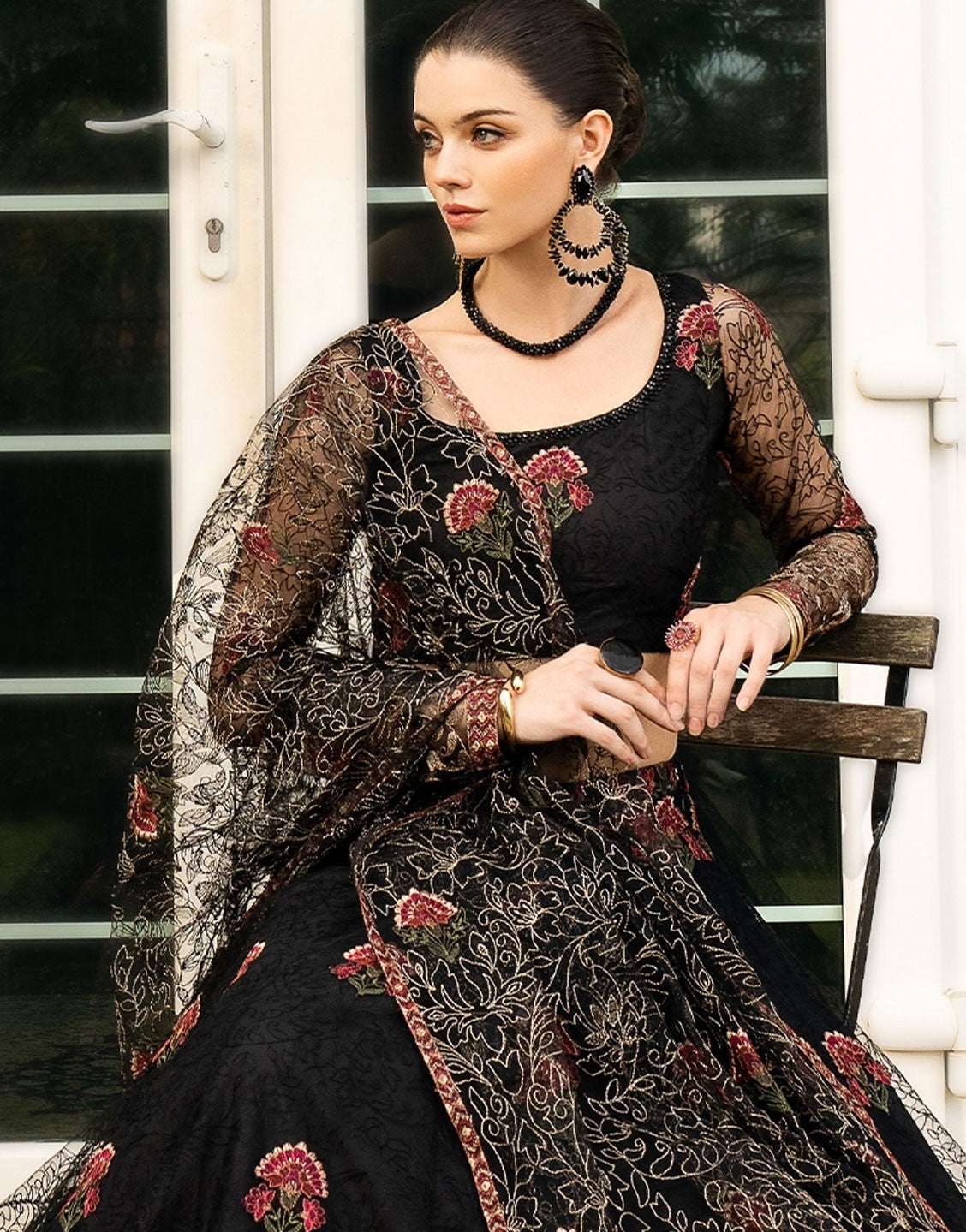 Bareeze Black Net Wedding Lehenga Dress | GOLD ORNAMENT CH4508