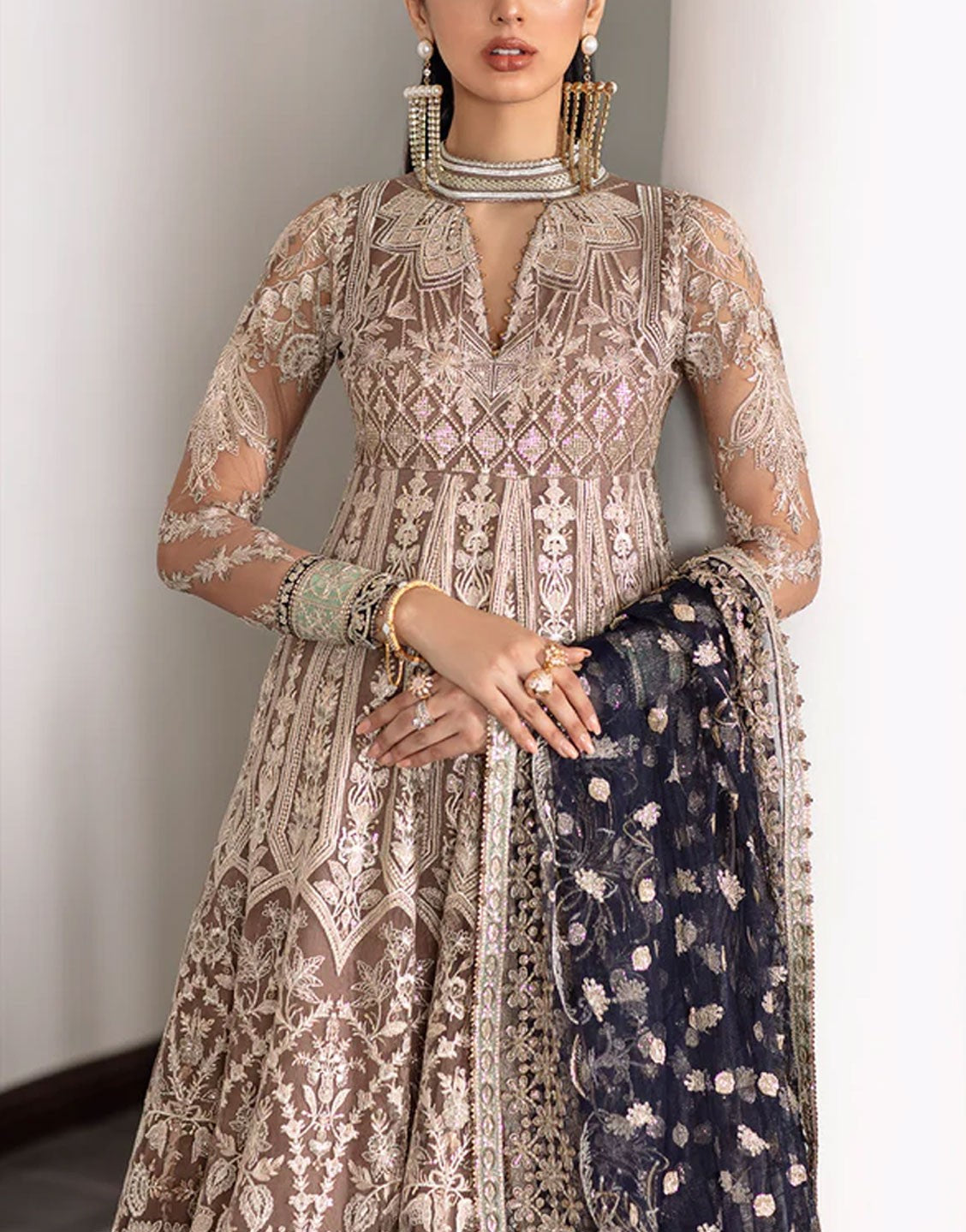 Baroque Luxury Embroidered Net Bridal Maxi Dress | CH09-07
