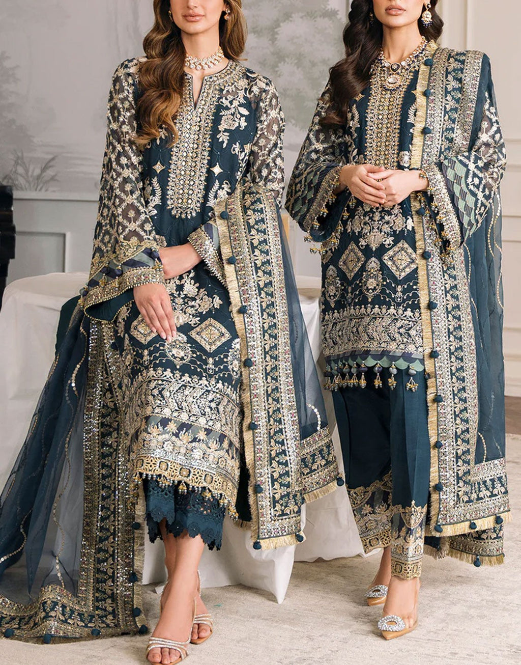 Baroque Embroidered Blue Chiffon Wedding Wear Dress | CH12-01