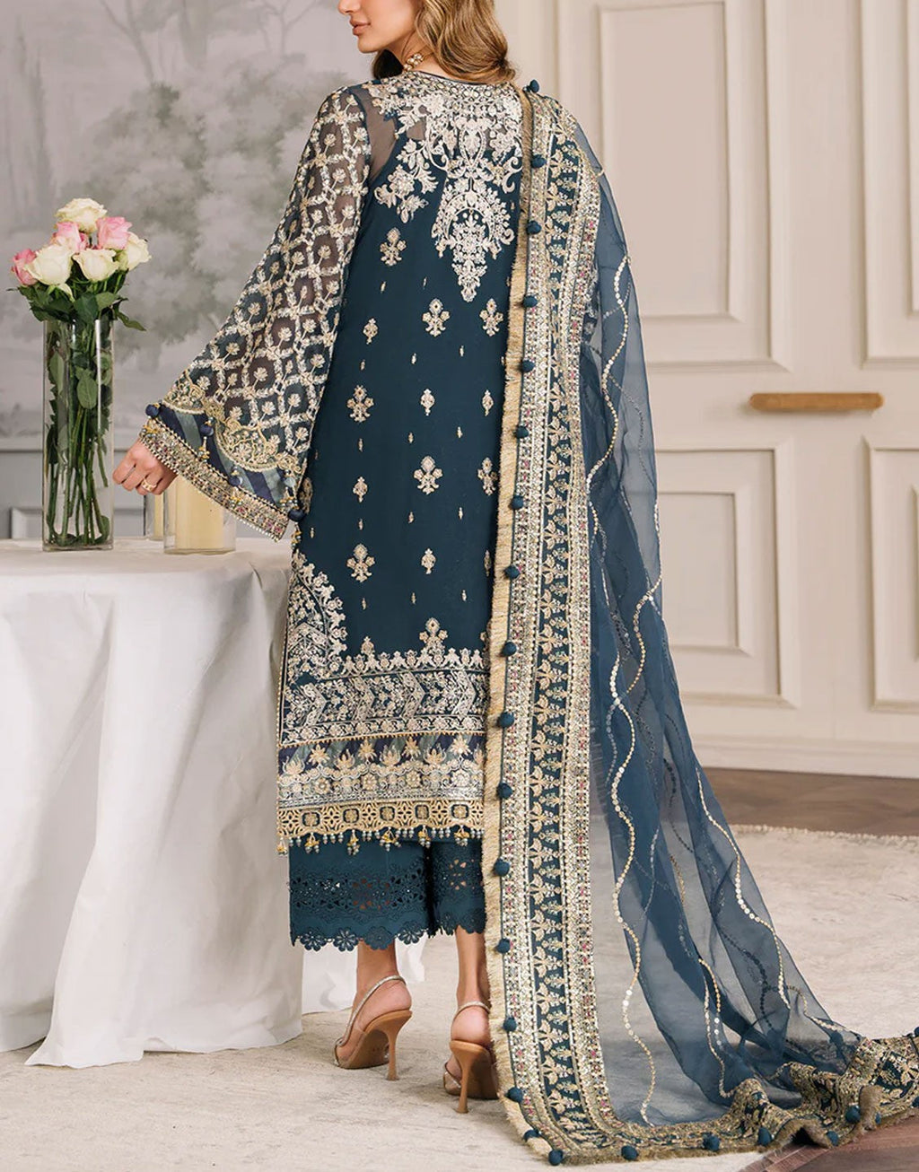 Baroque Embroidered Blue Chiffon Wedding Wear Dress | CH12-01
