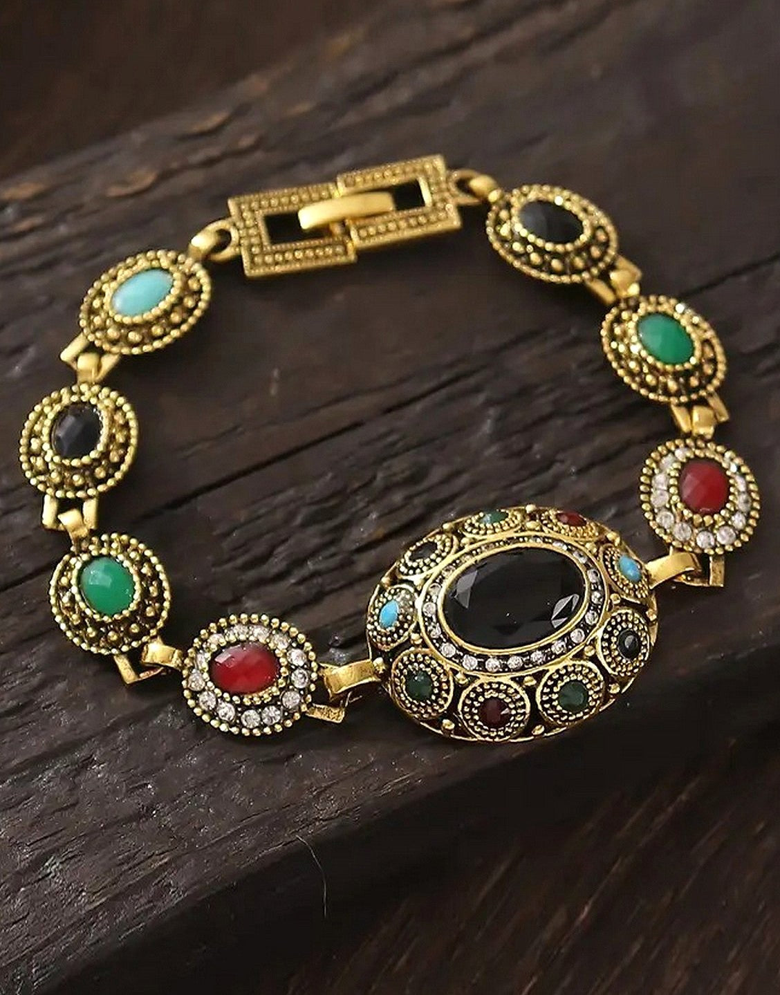 Vintage-Inspired Geometric Design Bracelet with Rhinestone Starburst