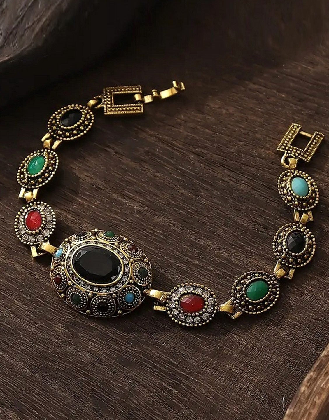 Vintage-Inspired Geometric Design Bracelet with Rhinestone Starburst