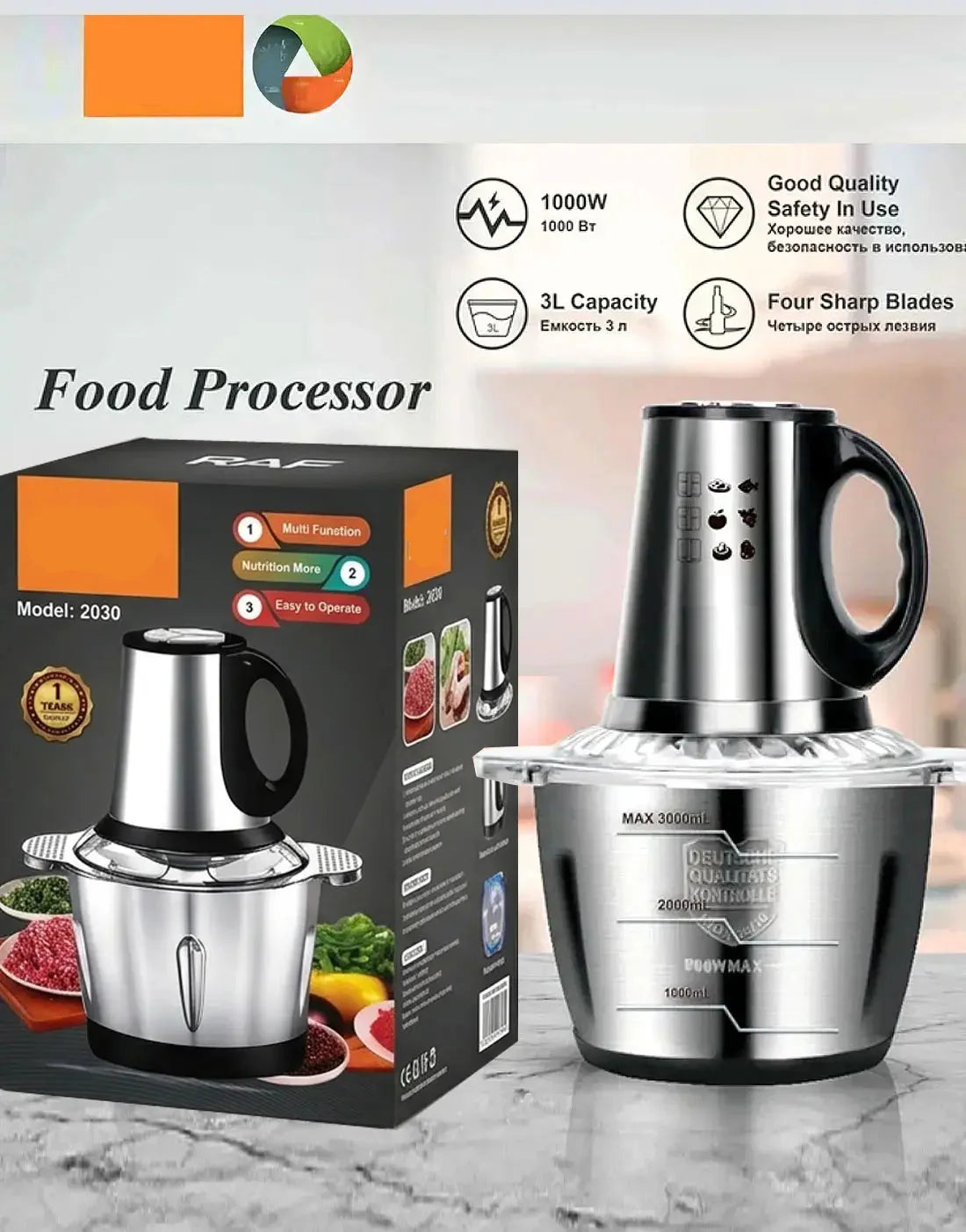 3L Food Processor, Vegetable & Meat Chopper, Qeema Machine – Stainless Steel Bowl 1000W