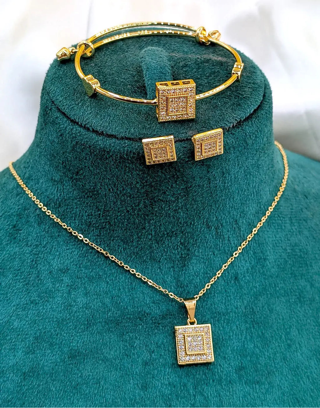 Rhinestone Studded Gold Plated Jewelry Set with Bracelet, Earrings and Necklace