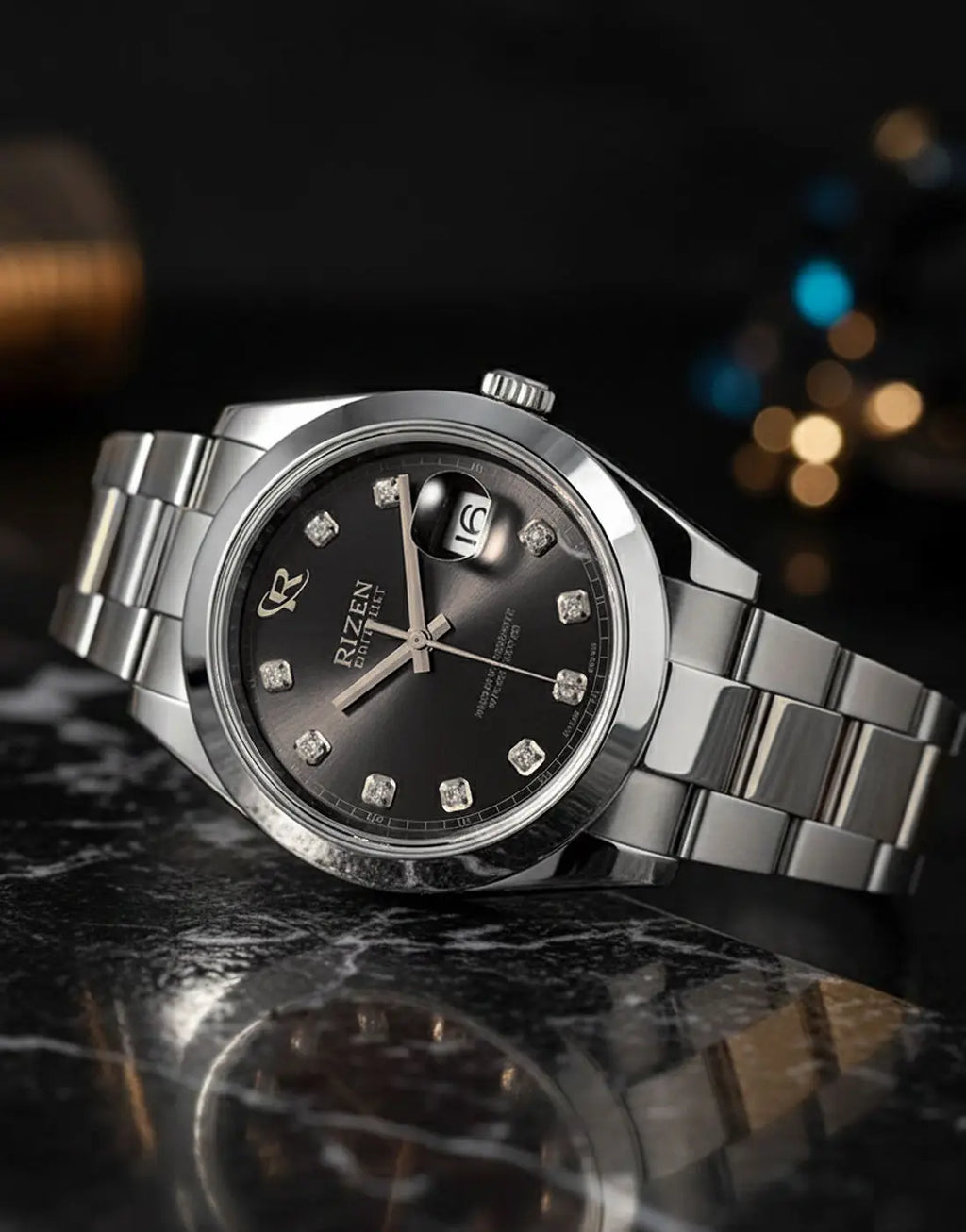 Rizen Oyster Perpetual Datejust Men’s Luxury Watch with Stainless Steel Chain